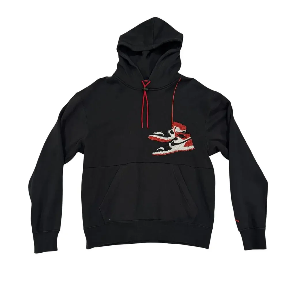 Jordan Jumpman Holiday Pullover Hoodie Mens M Black AJ1 Cross Stitch EUC